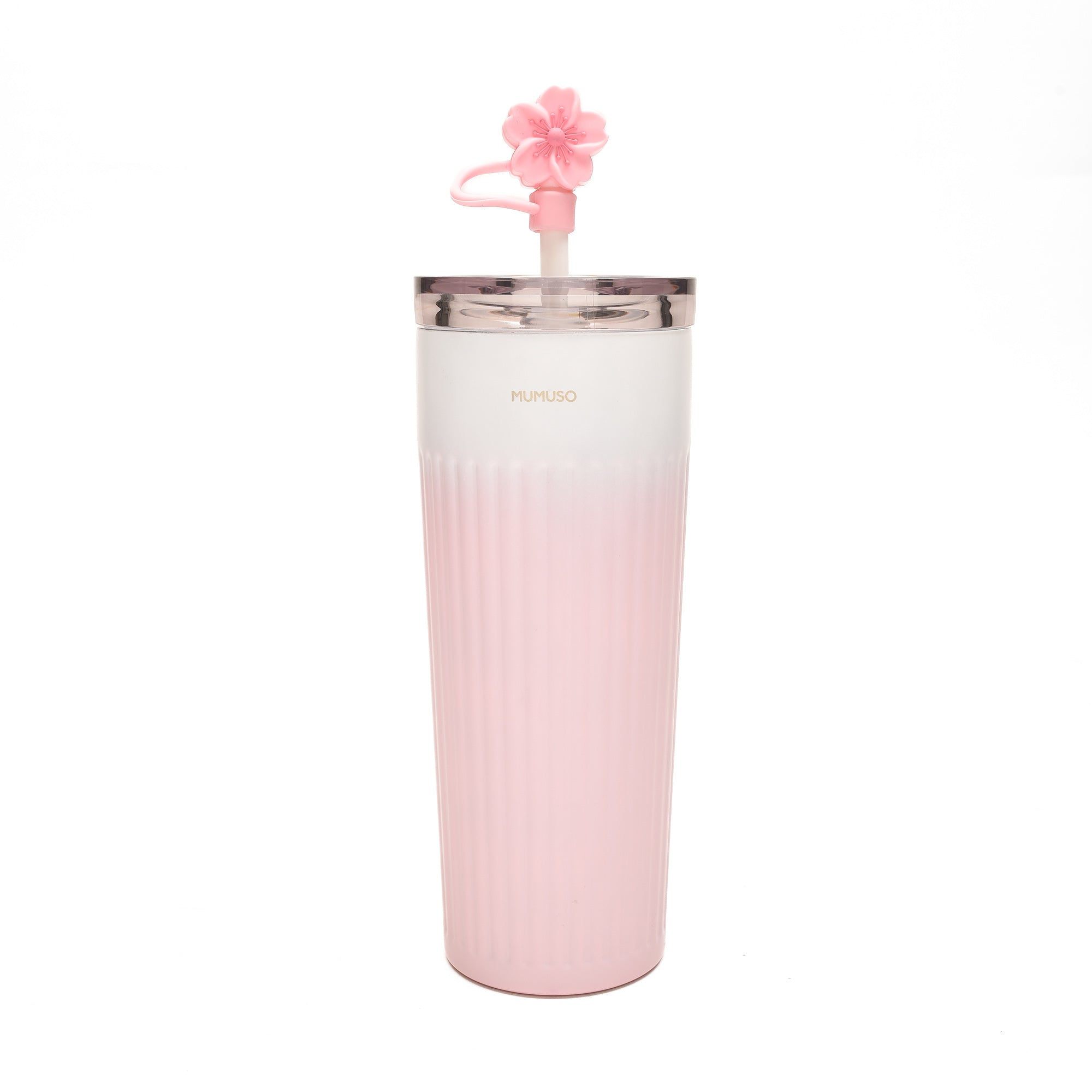 Cherry Blossom Collection Ribbed Insulated Tumbler with Straw - Pink/500 ml