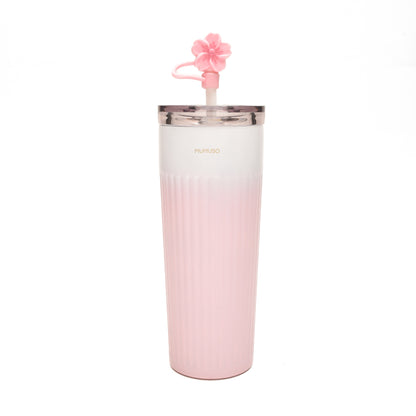 Cherry Blossom Collection Ribbed Insulated Tumbler with Straw - Pink/500 ml