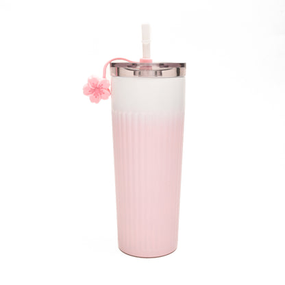 Cherry Blossom Collection Ribbed Insulated Tumbler with Straw - Pink/500 ml
