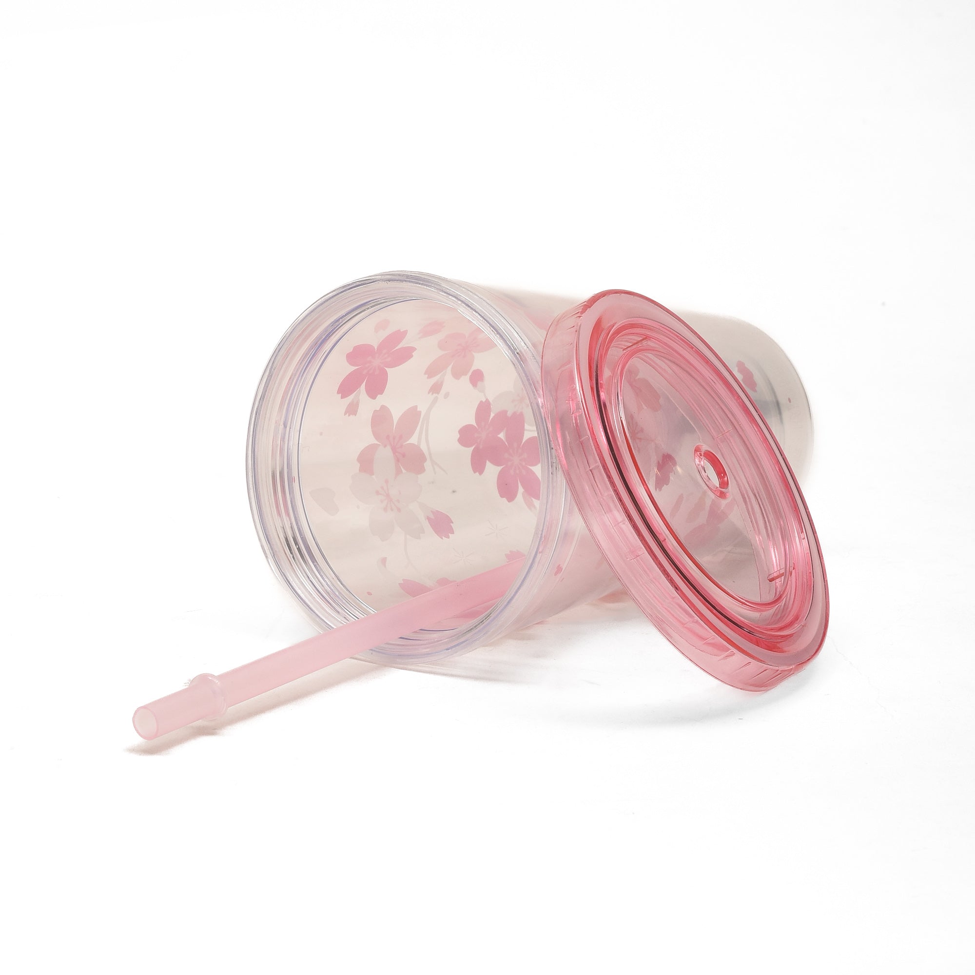Cherry Blossom Plastic Tumbler with Straw- Pink/450ml