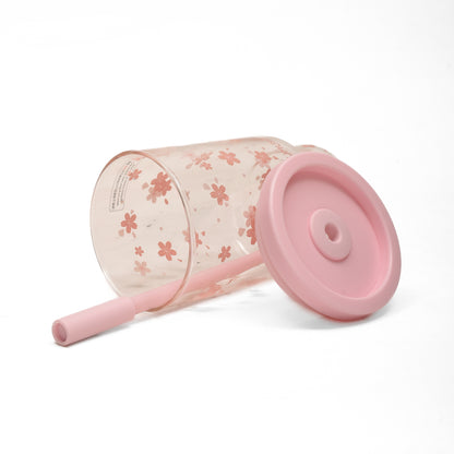 Cherry Blossom Glass Tumbler with Lid &amp; Straw- Pink/850 ml
