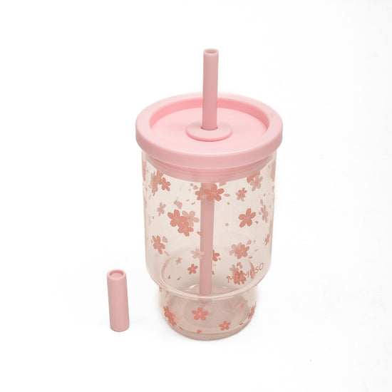 Cherry Blossom Glass Tumbler with Lid & Straw- Pink/850 ml