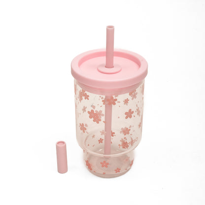 Cherry Blossom Glass Tumbler with Lid &amp; Straw- Pink/850 ml