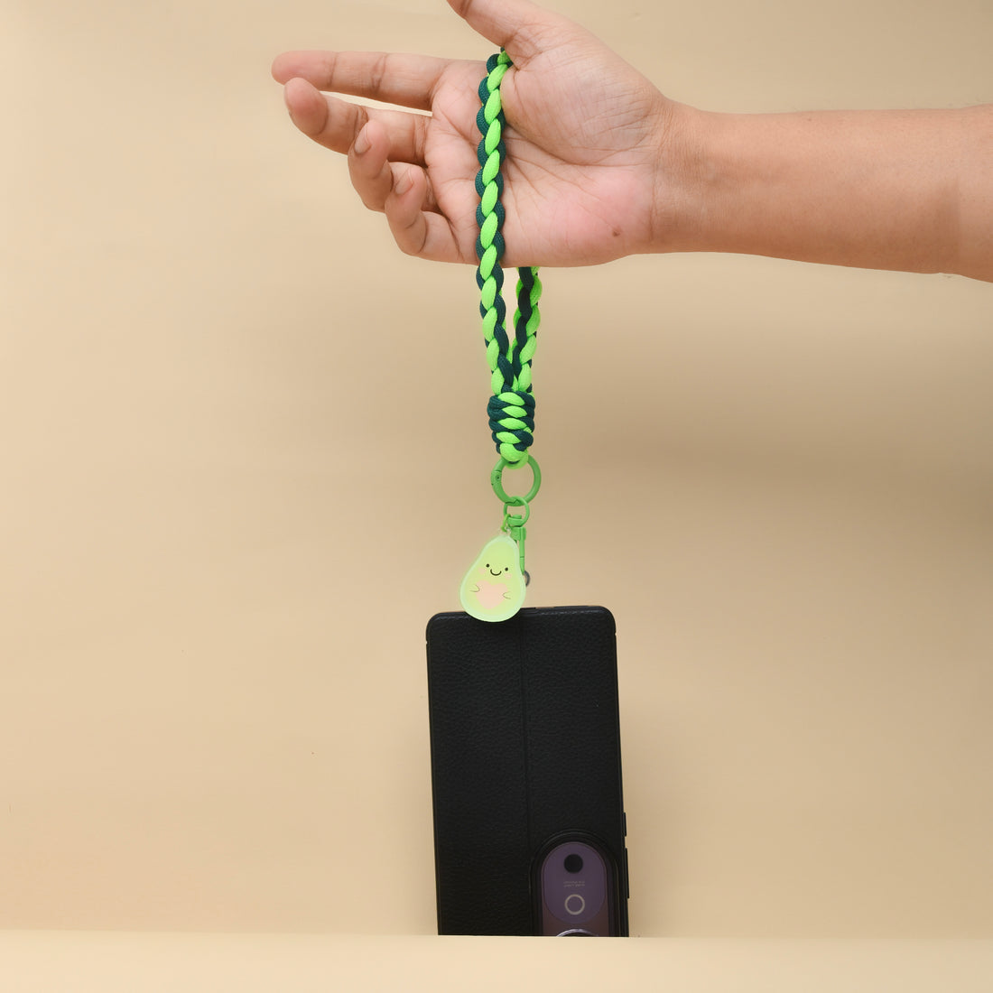 Braided Phone Wrist Band with Phone Charm- Avocado