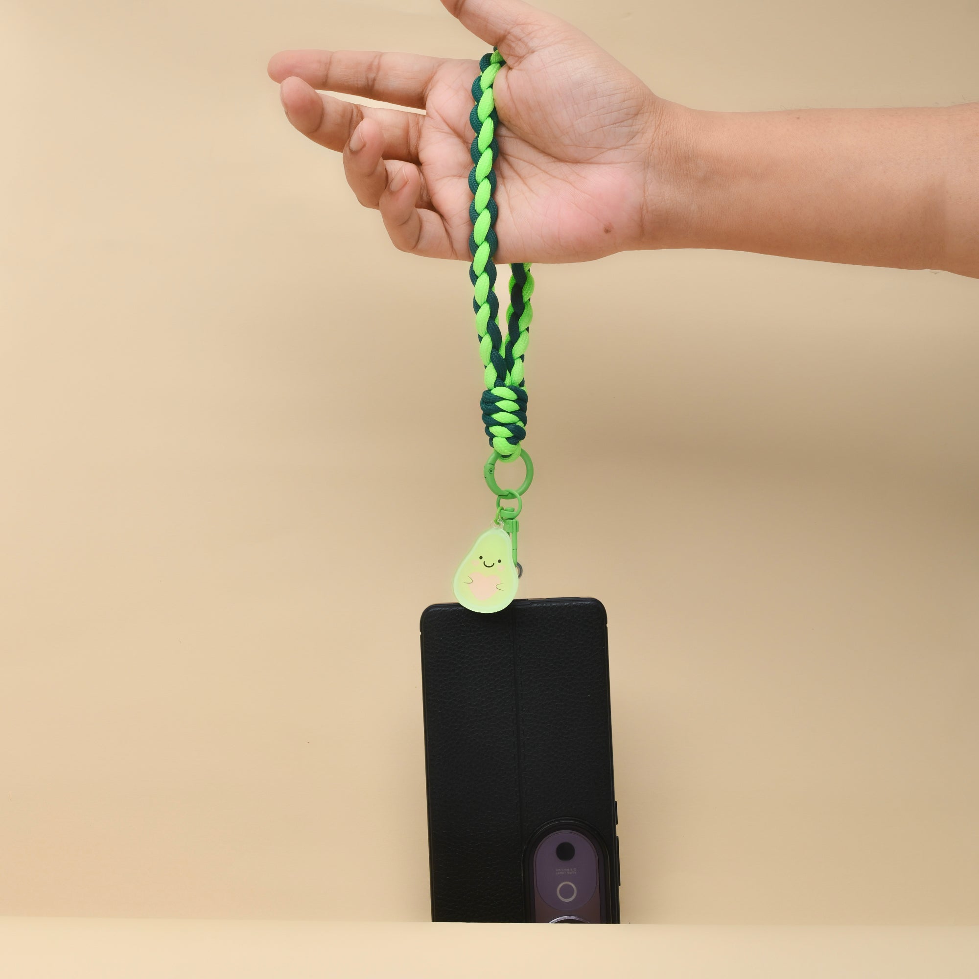 Braided Phone Wrist Band with Phone Charm- Avocado