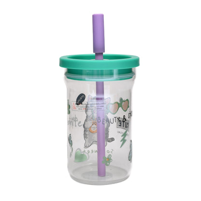 Cute Cartoon Cat Glass Tumbler with Straw- 700ml