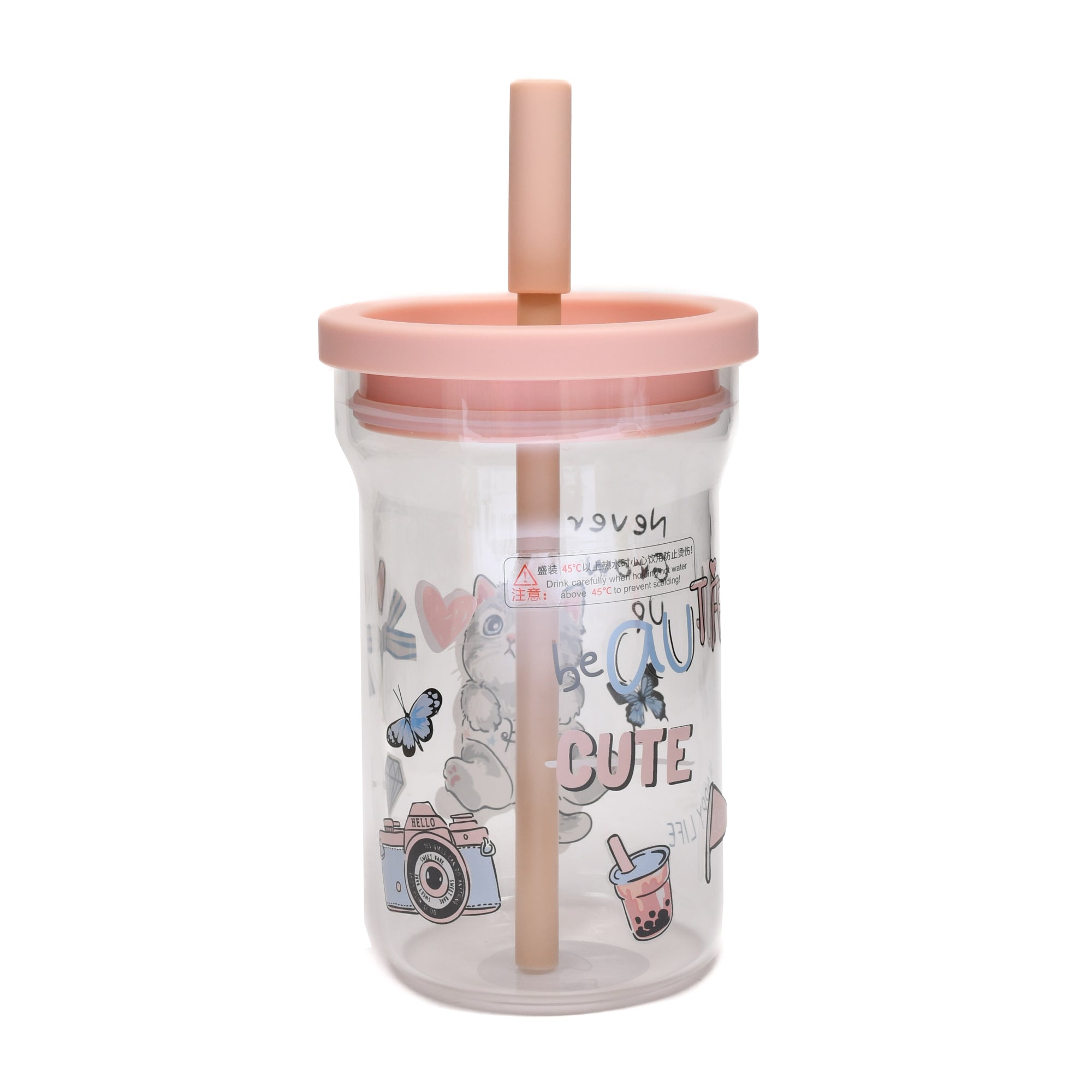 Cute Cartoon Cat Glass Tumbler with Straw- 700ml