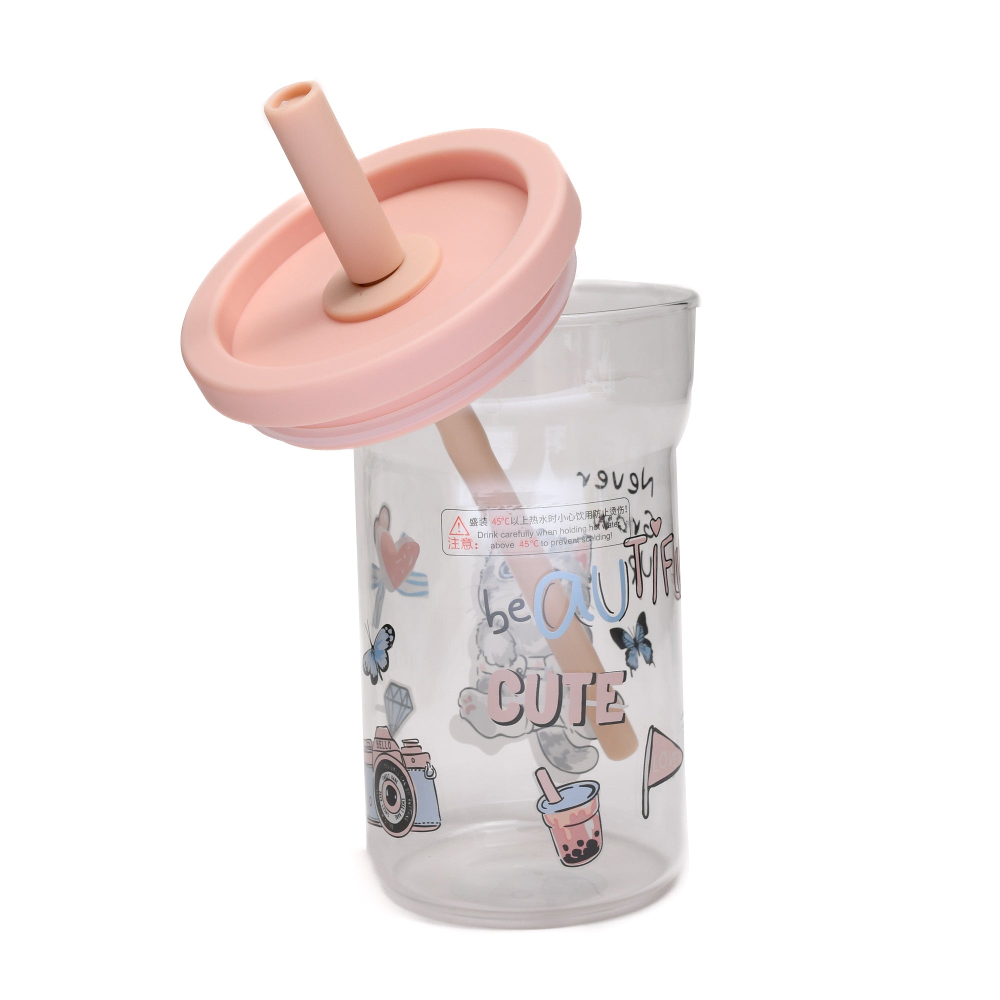 Cute Cartoon Cat Glass Tumbler with Straw- 700ml