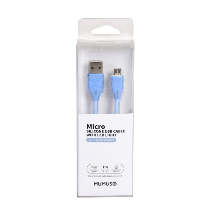 Micro Silicone USB Cable with LED Light  -Blue Mumuso