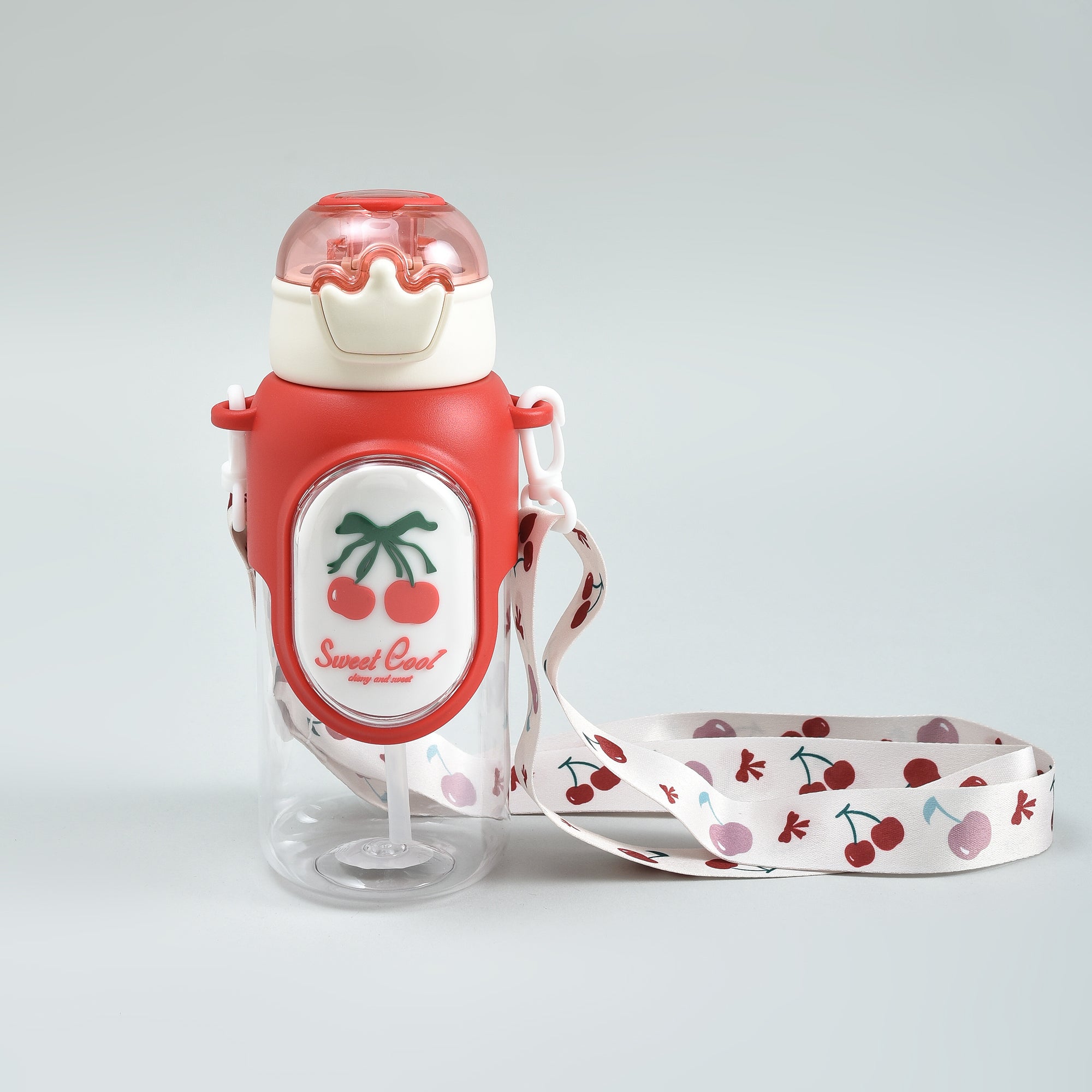 Cherry &amp; Avocado Water Bottle with Crown Cover and Shoulder String - Red &amp; Green / 650 ml