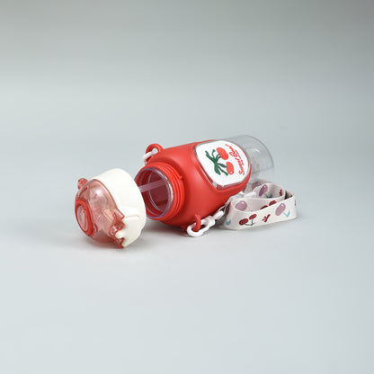 Cherry &amp; Avocado Water Bottle with Crown Cover and Shoulder String - Red &amp; Green / 650 ml