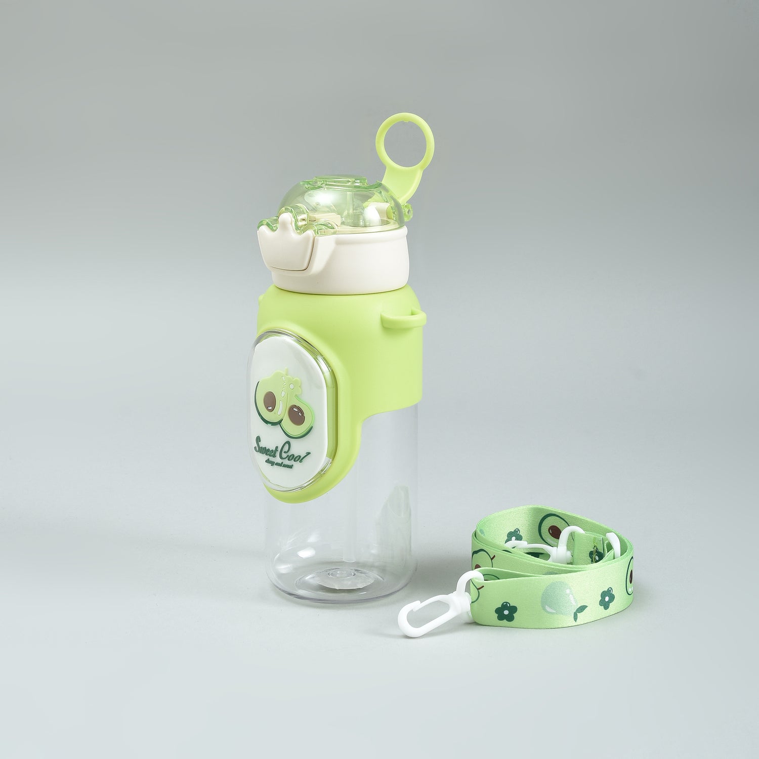 Cherry &amp; Avocado Water Bottle with Crown Cover and Shoulder String - Red &amp; Green / 650 ml