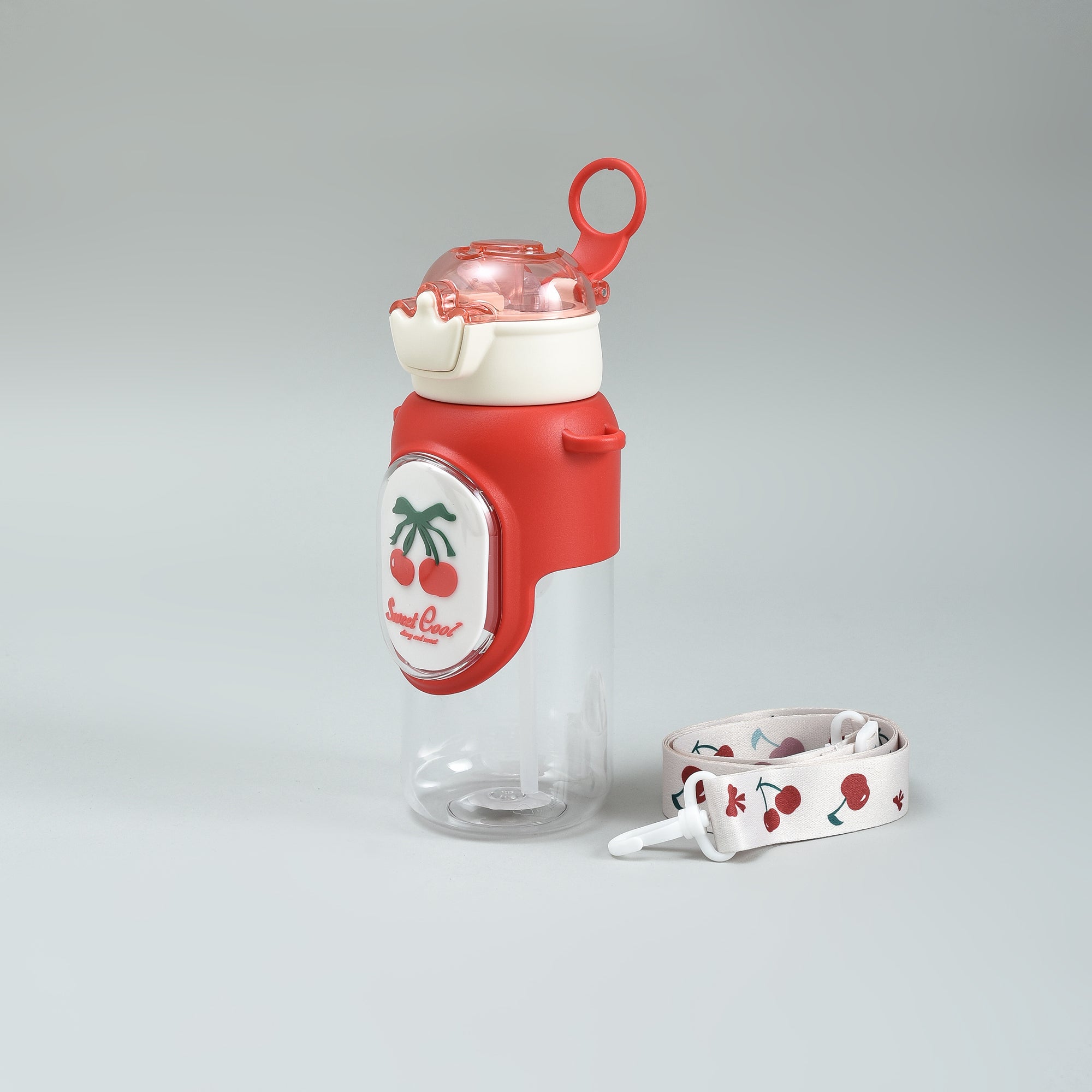 Cherry &amp; Avocado Water Bottle with Crown Cover and Shoulder String - Red &amp; Green / 650 ml