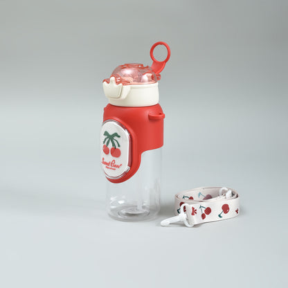 Cherry &amp; Avocado Water Bottle with Crown Cover and Shoulder String - Red &amp; Green / 650 ml