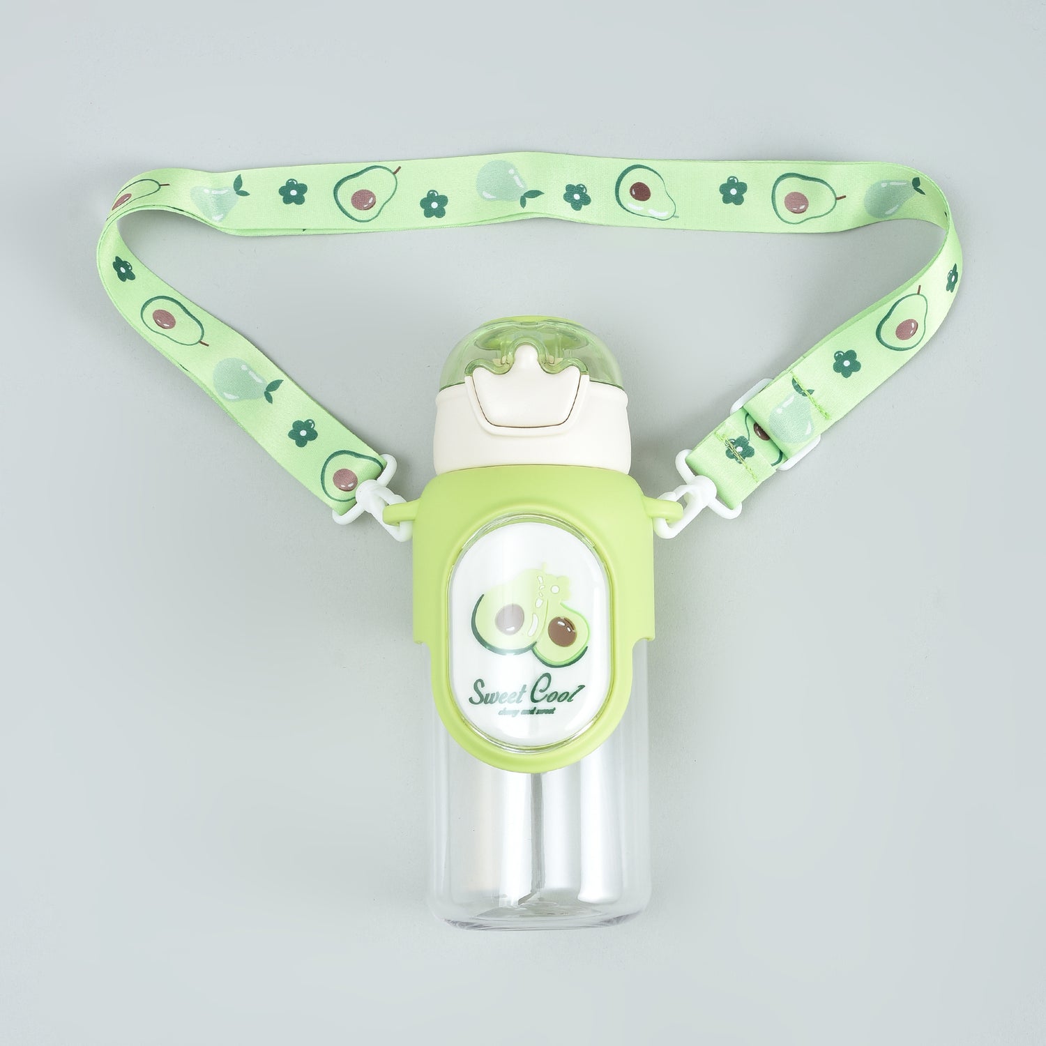 Cherry &amp; Avocado Water Bottle with Crown Cover and Shoulder String - Red &amp; Green / 650 ml