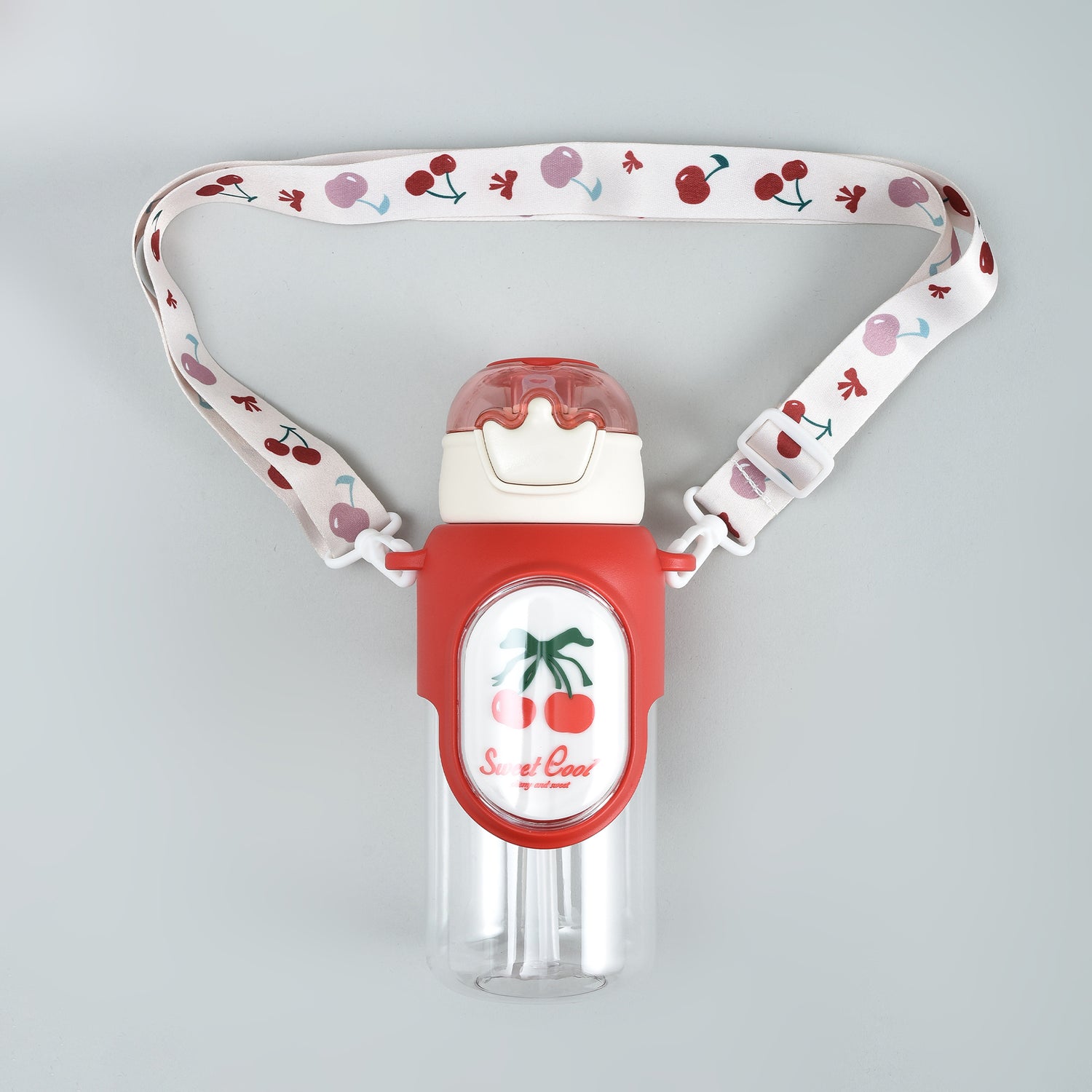 Cherry &amp; Avocado Water Bottle with Crown Cover and Shoulder String - Red &amp; Green / 650 ml