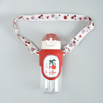 Cherry &amp; Avocado Water Bottle with Crown Cover and Shoulder String - Red &amp; Green / 650 ml