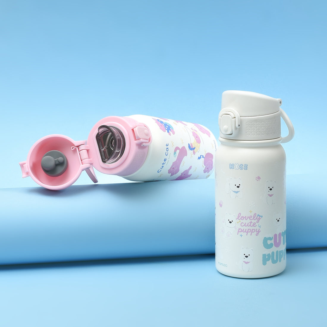 Super Cute Cat &amp; Puppy Insulated Water Bottles- Pink/white- 350ml