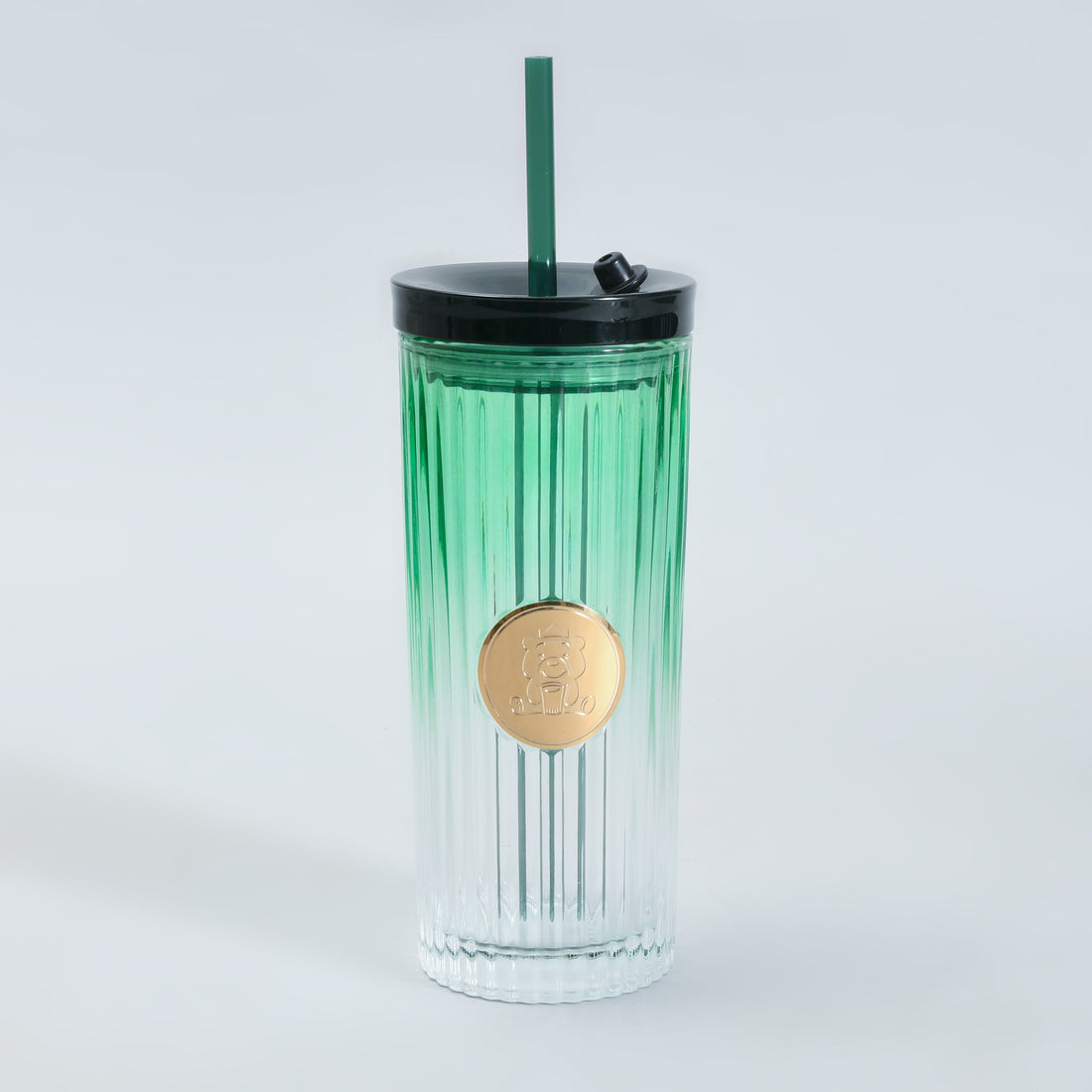 Mumuso Ribbed Glass Tumbler with Straw &amp; Lid- Green/470ml