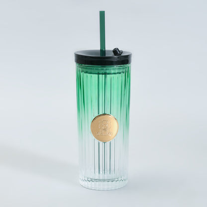 Mumuso Ribbed Glass Tumbler with Straw &amp; Lid- Green/470ml
