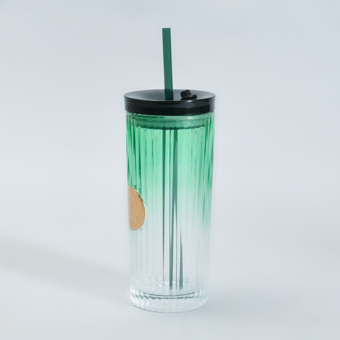 Mumuso Ribbed Glass Tumbler with Straw &amp; Lid- Green/470ml