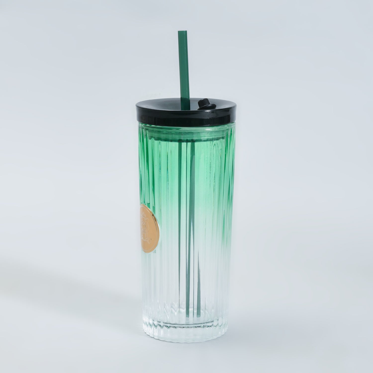 Mumuso Ribbed Glass Tumbler with Straw &amp; Lid- Green/470ml