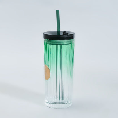 Mumuso Ribbed Glass Tumbler with Straw &amp; Lid- Green/470ml