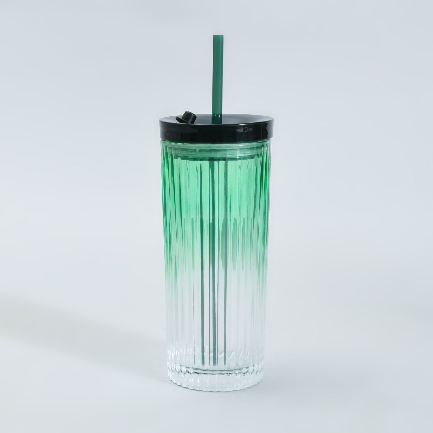 Mumuso Ribbed Glass Tumbler with Straw &amp; Lid- Green/470ml