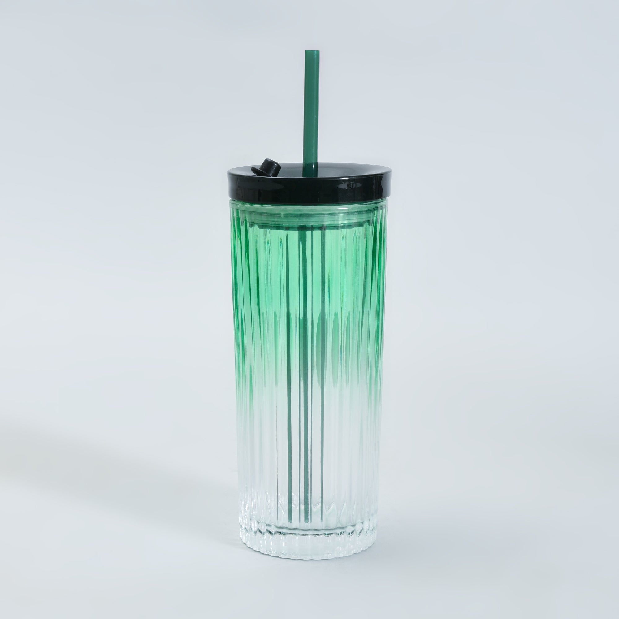 Mumuso Ribbed Glass Tumbler with Straw &amp; Lid- Green/470ml