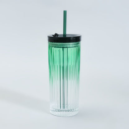 Mumuso Ribbed Glass Tumbler with Straw &amp; Lid- Green/470ml