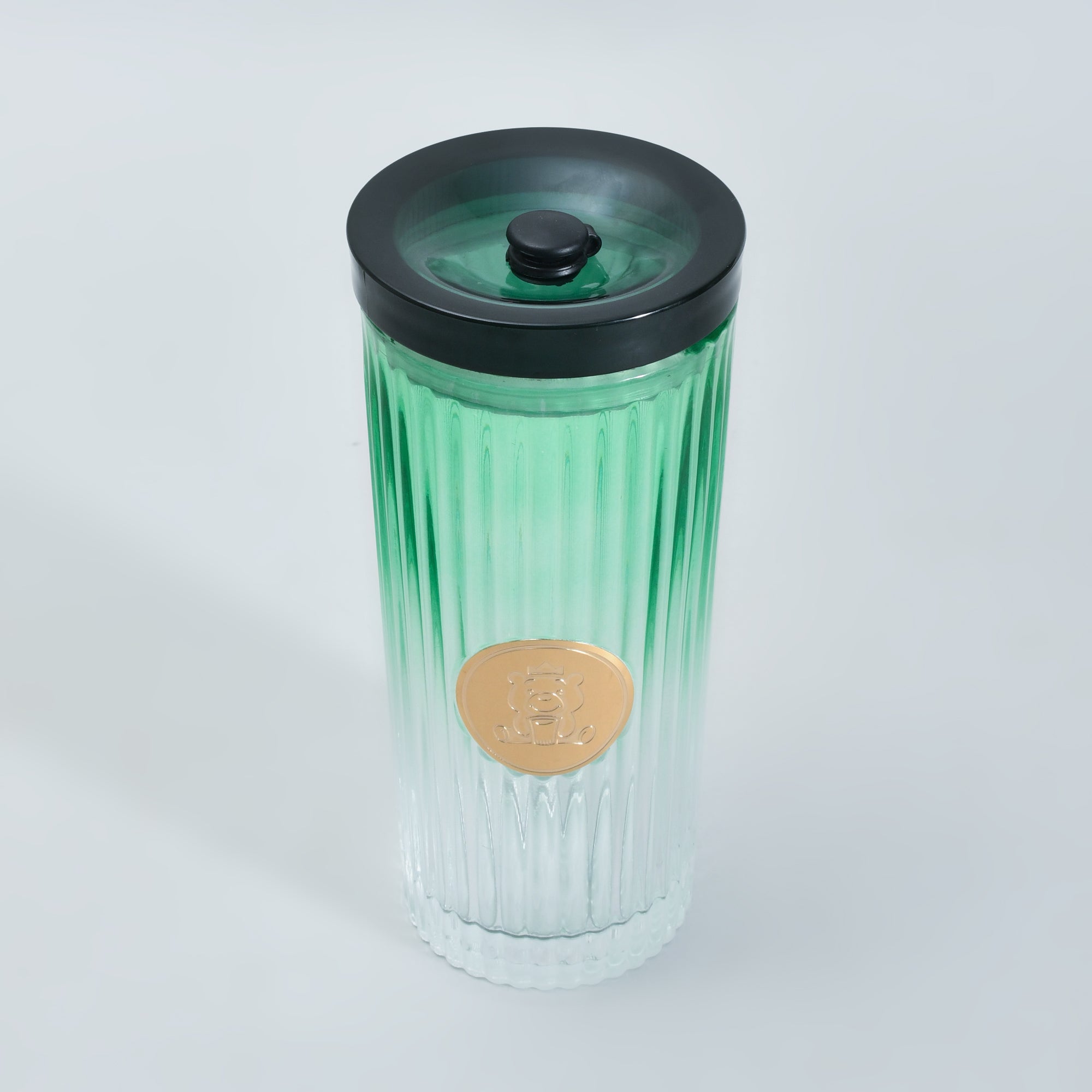 Mumuso Ribbed Glass Tumbler with Straw &amp; Lid- Green/470ml