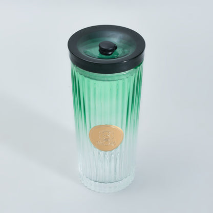 Mumuso Ribbed Glass Tumbler with Straw &amp; Lid- Green/470ml