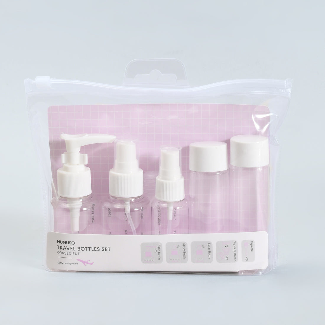 Mumuso Sweet Travel Bottle Set with Zip Pouch and Funnel