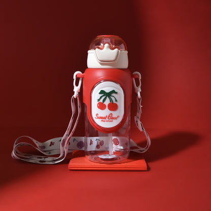 Cherry &amp; Avocado Water Bottle with Crown Cover and Shoulder String - Red &amp; Green / 650 ml