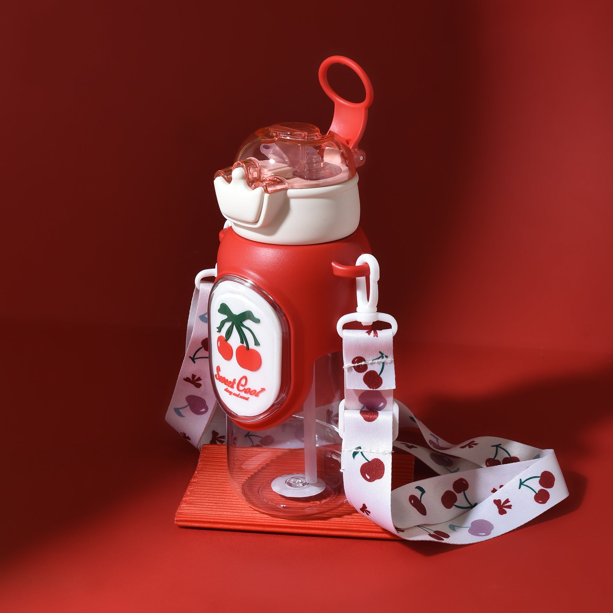 Cherry &amp; Avocado Water Bottle with Crown Cover and Shoulder String - Red &amp; Green / 650 ml