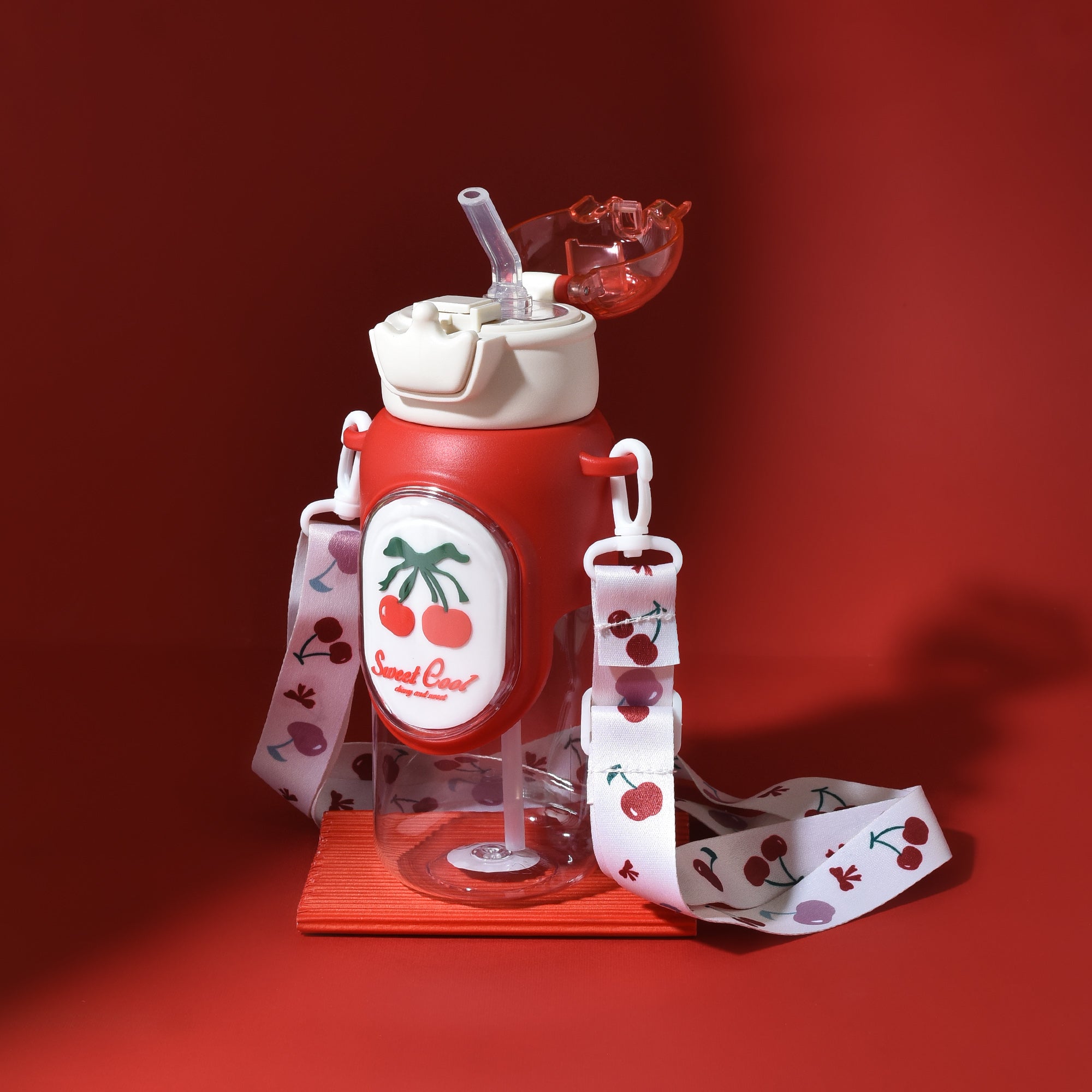 Cherry &amp; Avocado Water Bottle with Crown Cover and Shoulder String - Red &amp; Green / 650 ml