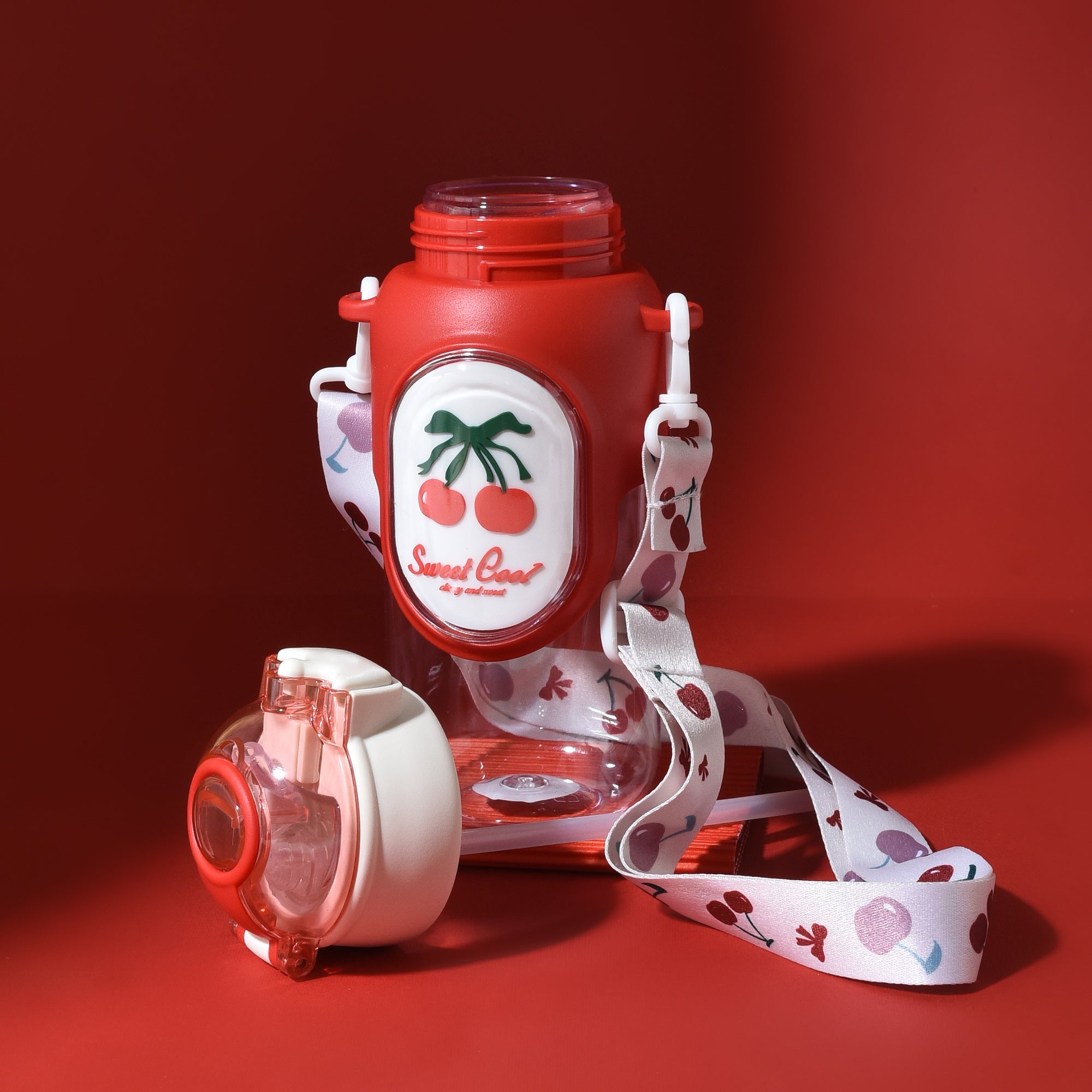 Cherry &amp; Avocado Water Bottle with Crown Cover and Shoulder String - Red &amp; Green / 650 ml