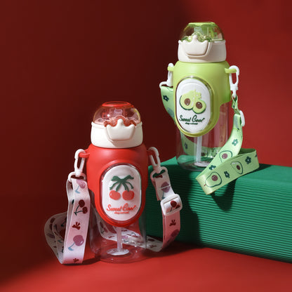 Cherry &amp; Avocado Water Bottle with Crown Cover and Shoulder String - Red &amp; Green / 650 ml