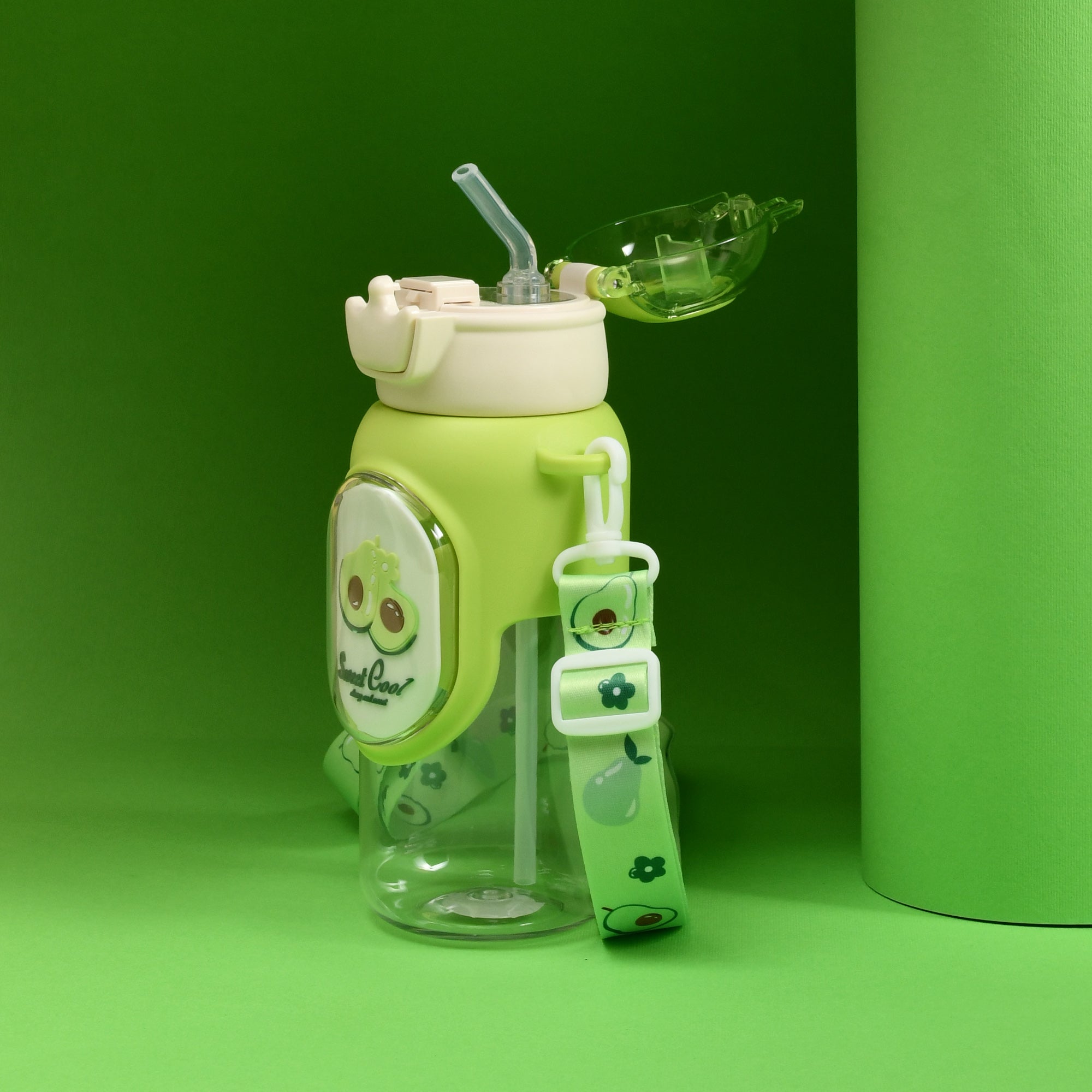 Cherry &amp; Avocado Water Bottle with Crown Cover and Shoulder String - Red &amp; Green / 650 ml