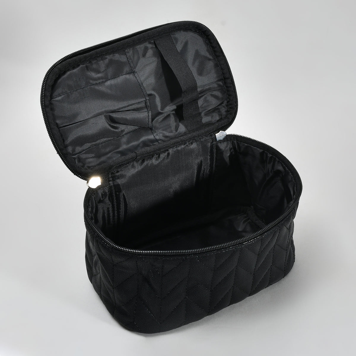 Herringbone Cosmetic Case with Handle - Black