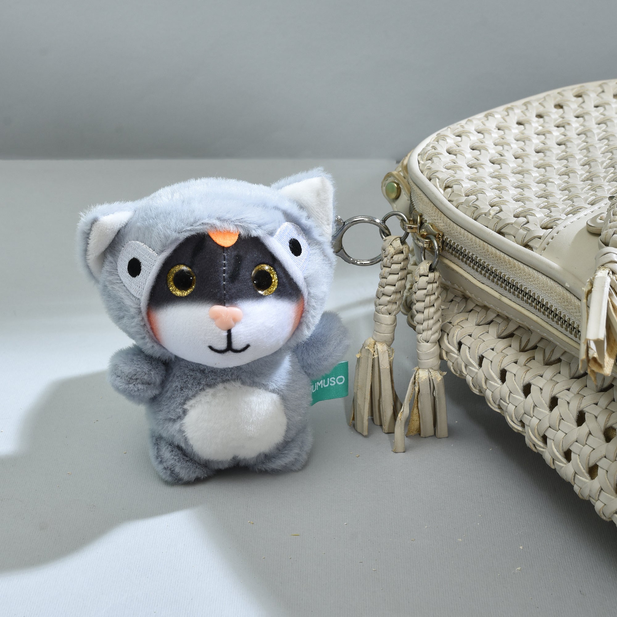 Mumuso's Adorable Hooded Kitty Plush Keychain- Grey