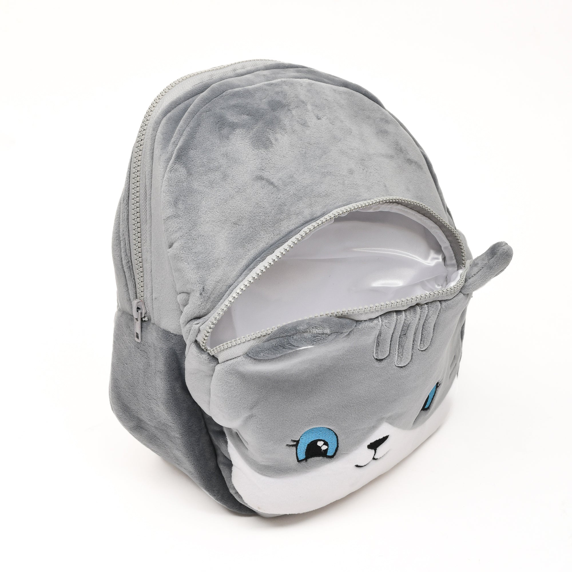 Mumuso Cute Cat Designed Plush Bag- Grey- 14in