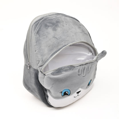 Mumuso Cute Cat Designed Plush Bag- Grey- 14in