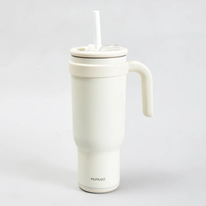 Mumuso Large Capacity Insulated Tumbler with Handle- Beige/ 1200ML