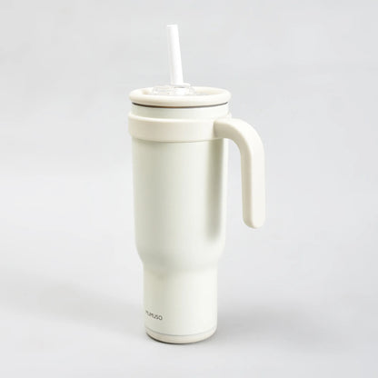 Mumuso Large Capacity Insulated Tumbler with Handle- Beige/ 1200ML