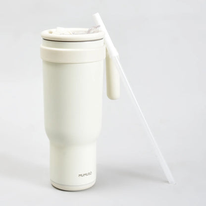 Mumuso Large Capacity Insulated Tumbler with Handle- Beige/ 1200ML