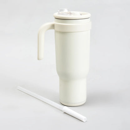Mumuso Large Capacity Insulated Tumbler with Handle- Beige/ 1200ML