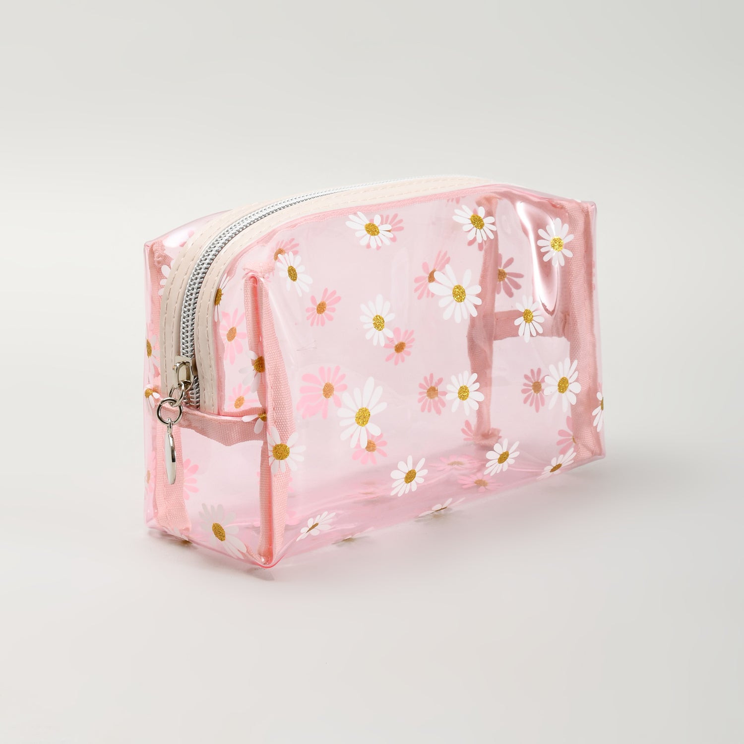 Premium Pink Daisy Floral Transparent Cosmetic Pouch