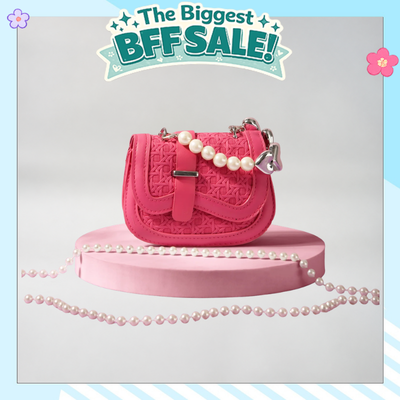 Mini Handbag with Pearl &amp; Chain Strap- Pink/ Black/ Green