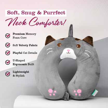Memory Foam Grey Cat U Shaped Neck Pillow- 32 cm